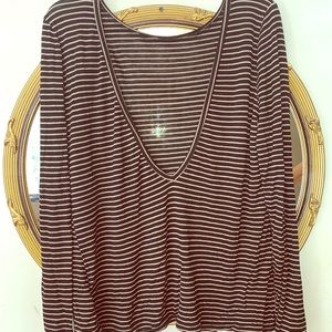 Navy and tan striped Loback long sleeve T-shirt.